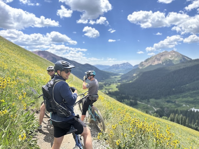 Riders stopped on a wildflower slope taking in the valley view