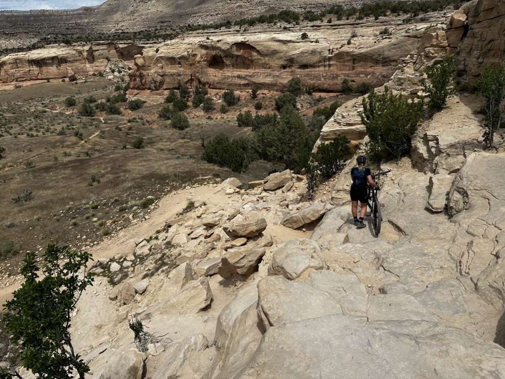 A rider perched at the top of an exposed slickrock ledge above a desert canyon